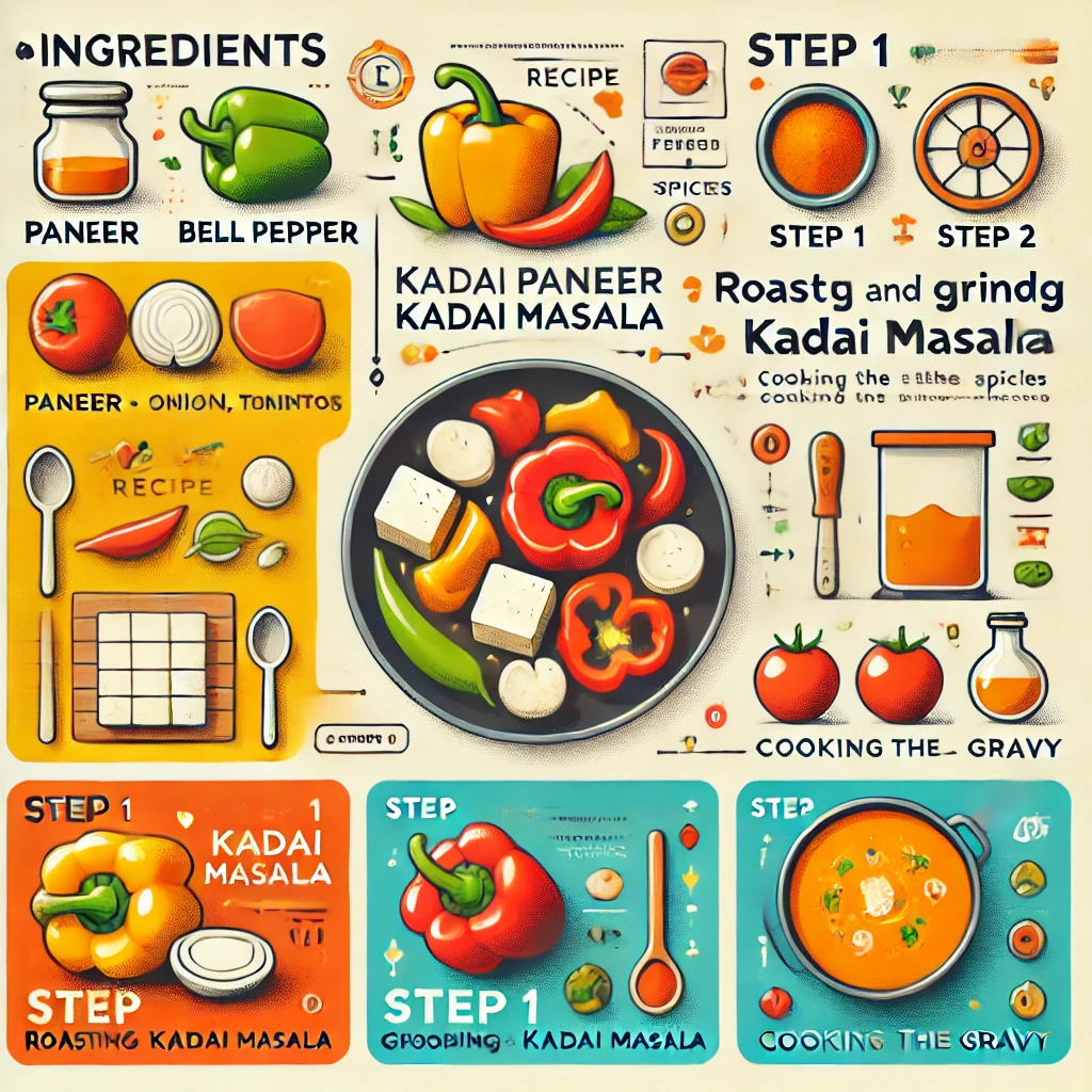 DALL·E 2025-03-25 17.14.12 - An infographic for Kadai Paneer recipe, visually breaking down the key ingredients and steps. The infographic is divided into three sections_ Ingredie An infographic visually presenting the Kadai Paneer recipe, showcasing key ingredients like paneer, bell peppers, onions, tomatoes, and spices, along with step-by-step cooking instructions in a structured format.