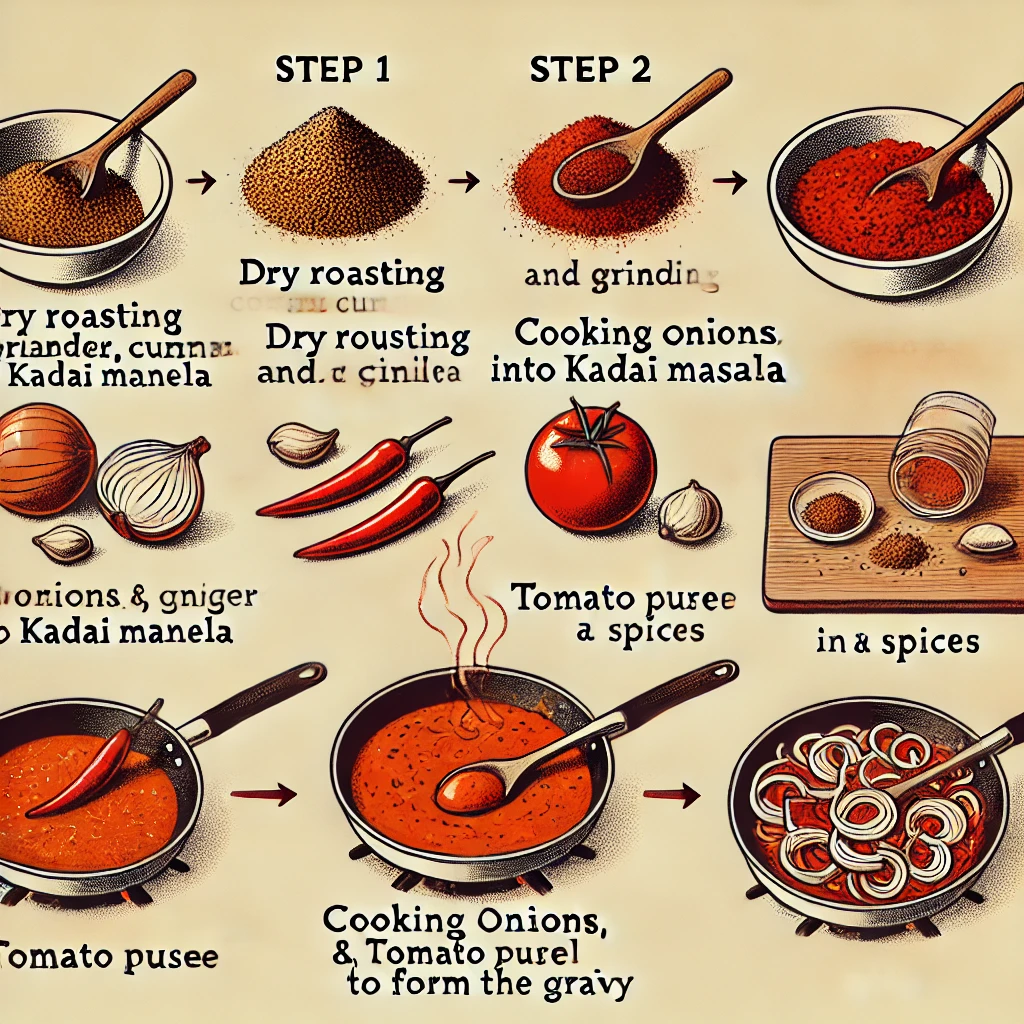 DALL·E 2025-03-25 17.14.21 - An explanatory image illustrating the process of making Kadai Paneer. The image is divided into two main parts_ Step 1 (dry roasting and grinding cori A step-by-step visual guide illustrating the process of making Kadai Paneer, highlighting the preparation of kadai masala through dry roasting and grinding spices, followed by cooking the flavorful gravy with onions, tomatoes, and spices.
